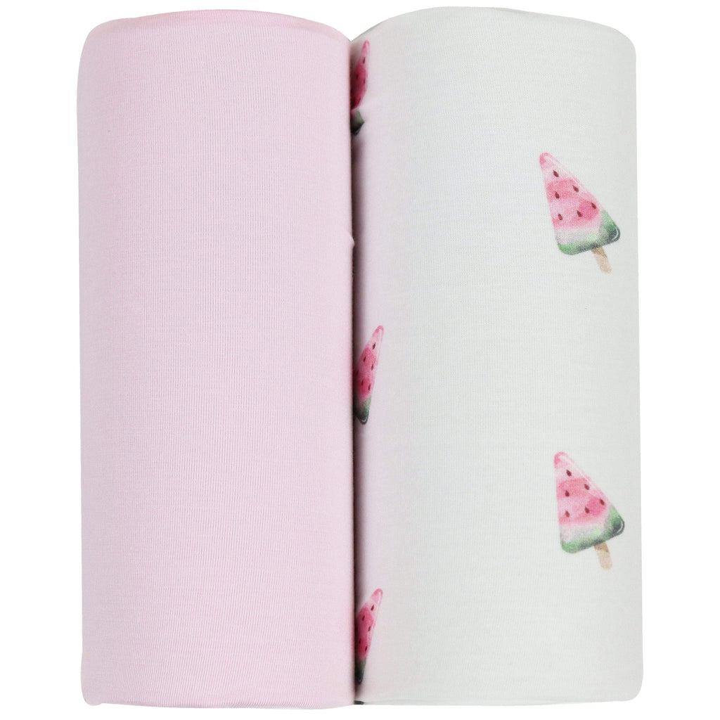 Watermelon Popsicle and Pink 2 PK Swaddle Blanket set showing vibrant watermelon popsicle print and soft pink fabric. Perfect for newborns.