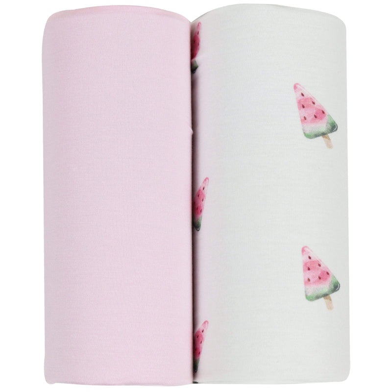 Watermelon Popsicle and Pink 2 PK Swaddle Blanket set showing vibrant watermelon popsicle print and soft pink fabric. Perfect for newborns.