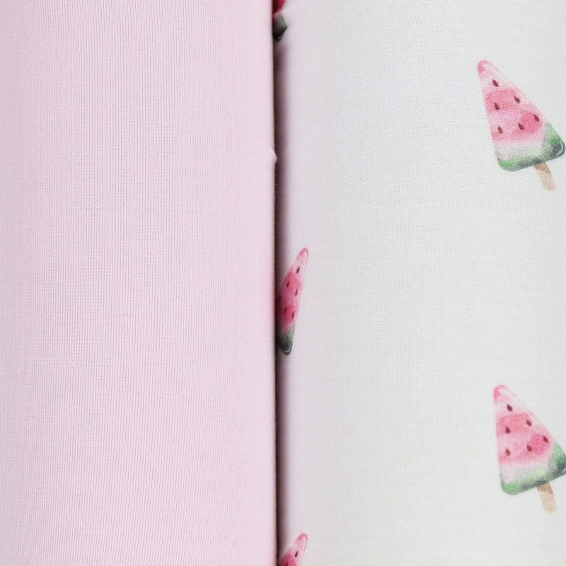 Close-up of the Watermelon Popsicle and Pink 2 PK Swaddle Blanket featuring unique watermelon popsicle design and soft pink material.