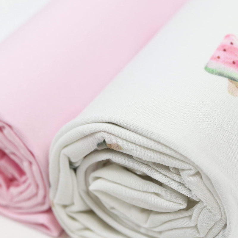 Rolled view of Watermelon Popsicle and Pink 2 PK Swaddle Blanket showcasing the cute watermelon design and soft fabric ideal for babies.