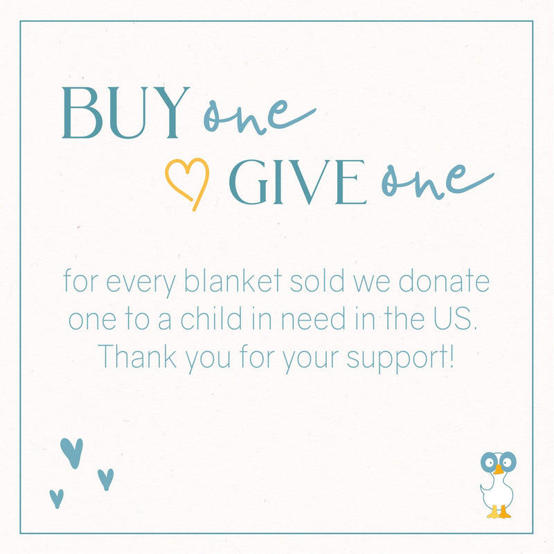 Promotional graphic stating 'BUY one ❤️ GIVE one' for Goosewaddle® blankets, highlighting their commitment to donate a blanket to a child in need for each sold.