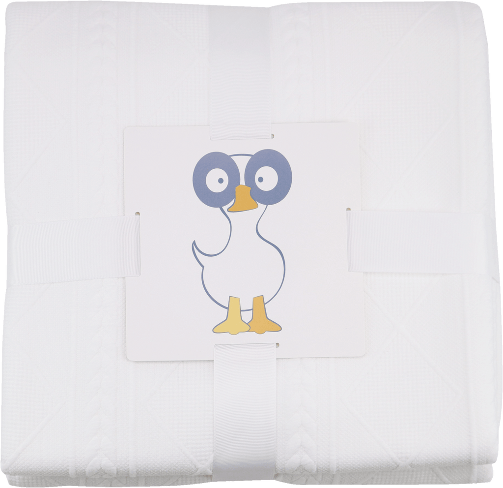 White 50" x 60" Full Size Knit Throw from Goosewaddle®, elegantly packaged with a cute duck illustration, showcasing its soft texture and cozy appeal.
