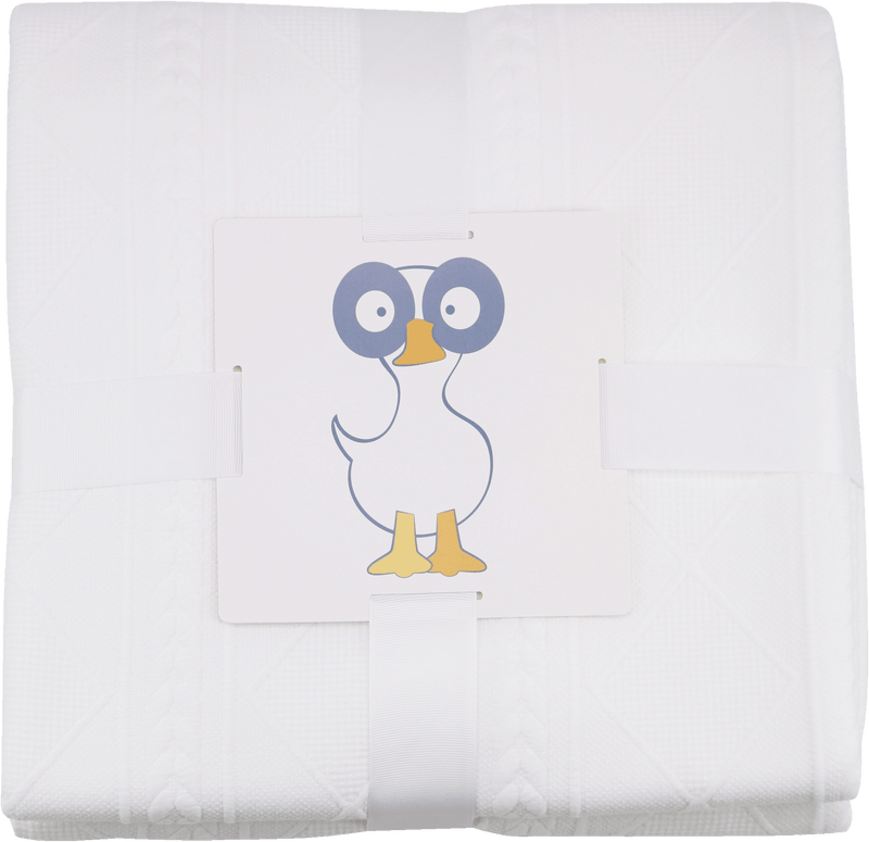 White 50" x 60" Full Size Knit Throw from Goosewaddle®, elegantly packaged with a cute duck illustration, showcasing its soft texture and cozy appeal.