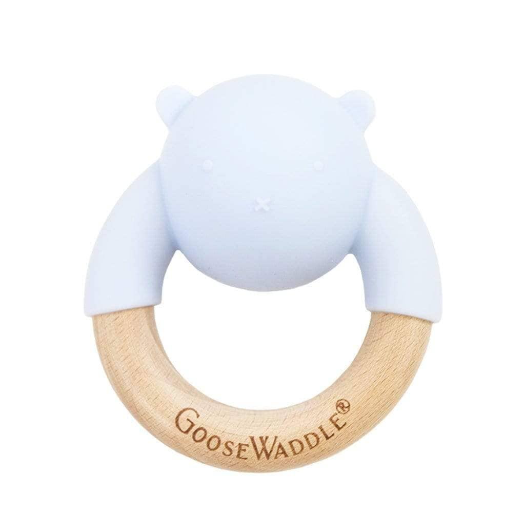 Light blue and natural wood Goosewaddle wooden silicone baby teether with bear design