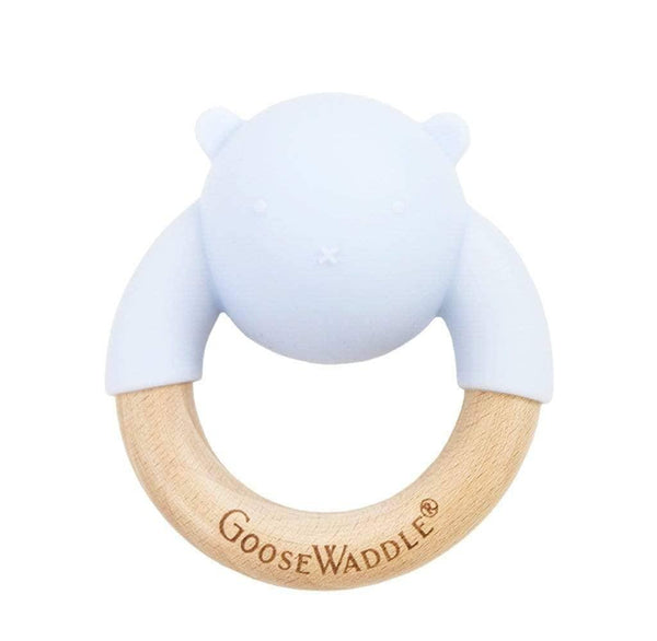 Light blue and natural wood Goosewaddle wooden silicone baby teether with bear design