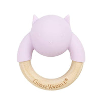Pink and natural wood Goosewaddle wooden silicone baby teether with cat design