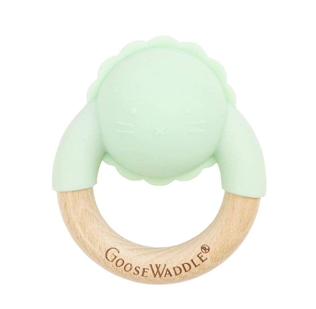Goosewaddle wooden silicone baby teether with mint green silicone and natural wood ring
