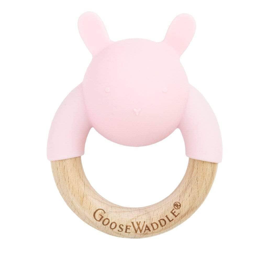 Pink and natural wooden silicone baby teether with bunny ears by Goosewaddle