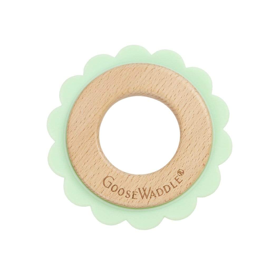 Goosewaddle wooden teether ring with mint green silicone flower for newborn babies