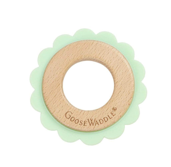 Goosewaddle wooden teether ring with mint green silicone flower for newborn babies