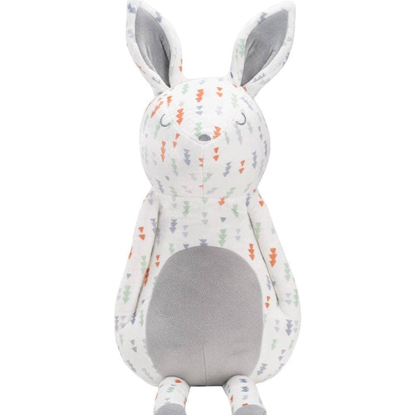 Gray bunny plush toy for babies sitting with closed eyes and patterned body in soft colors
