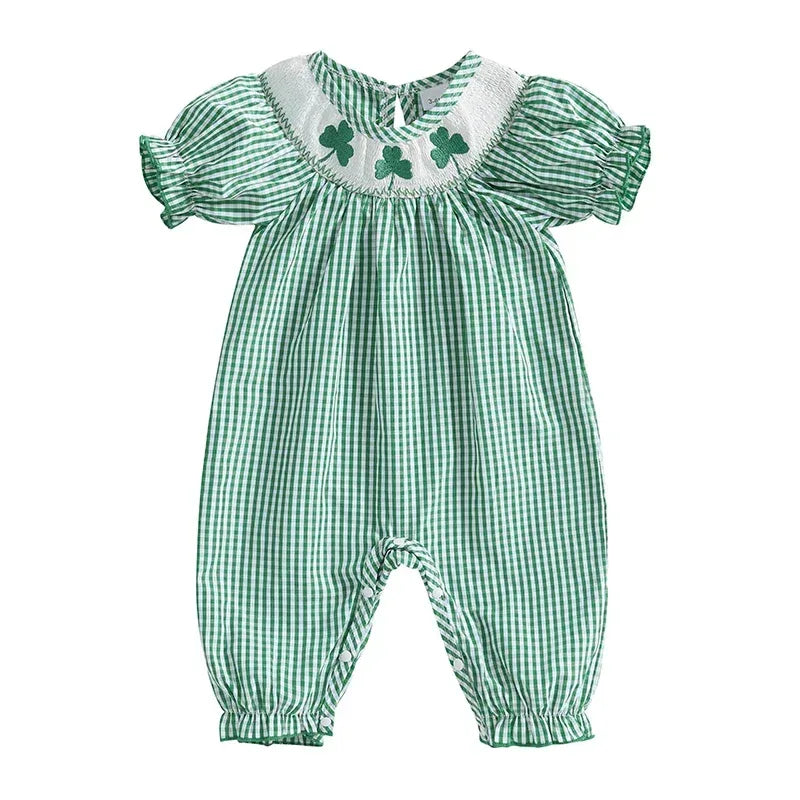 Green check smocked romper baby kids clothes made of soft cotton with shamrock embroidery and puff sleeves