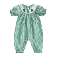 Green check smocked romper baby kids clothes made of soft cotton with shamrock embroidery and puff sleeves
