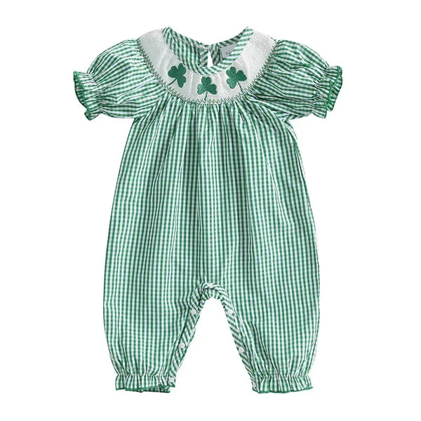 Green check smocked romper baby kids clothes made of soft cotton with shamrock embroidery and puff sleeves
