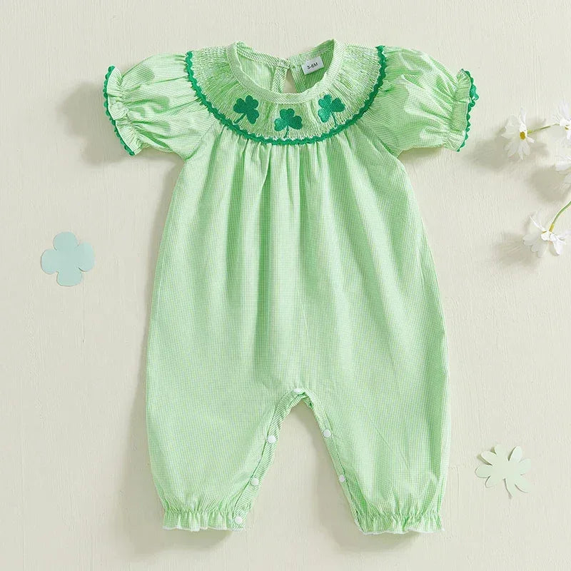 Light green cotton green check smocked romper for babies with puff sleeves and shamrock embroidery