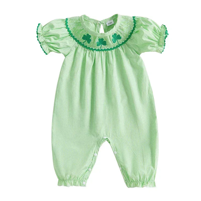 Light green cotton baby kids clothes green check smocked romper with puff sleeves and embroidered details