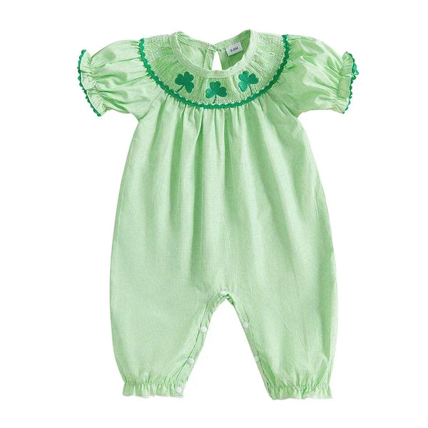 Light green cotton baby kids clothes green check smocked romper with puff sleeves and embroidered details