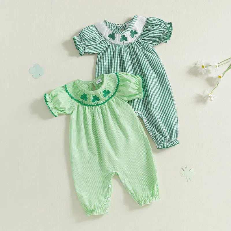 Light green cotton green check smocked romper with shamrock embroidery and short puff sleeves