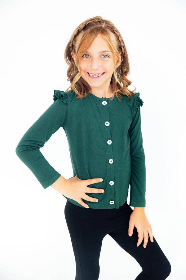 Girls green ruffle cardigan with long sleeves and button front by Mila & Rose