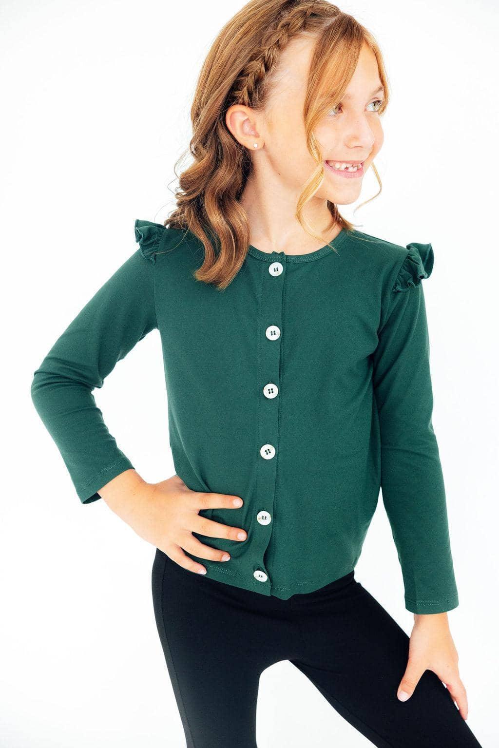 Girls dark green ruffle cardigan with long sleeves and button front closure