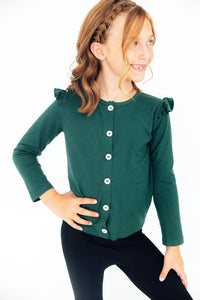 Girls dark green ruffle cardigan with long sleeves and button front closure