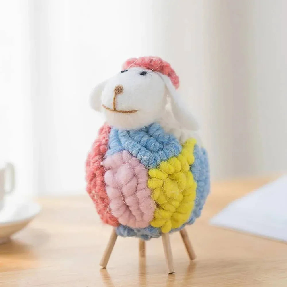 Colorful handmade sheep Nursery Decor in soft pastel yarn with wooden legs for kids and babies room