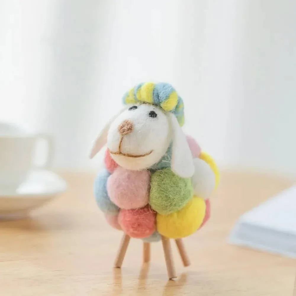 Colorful handmade sheep nursery decor with soft wool balls and wooden legs for babies