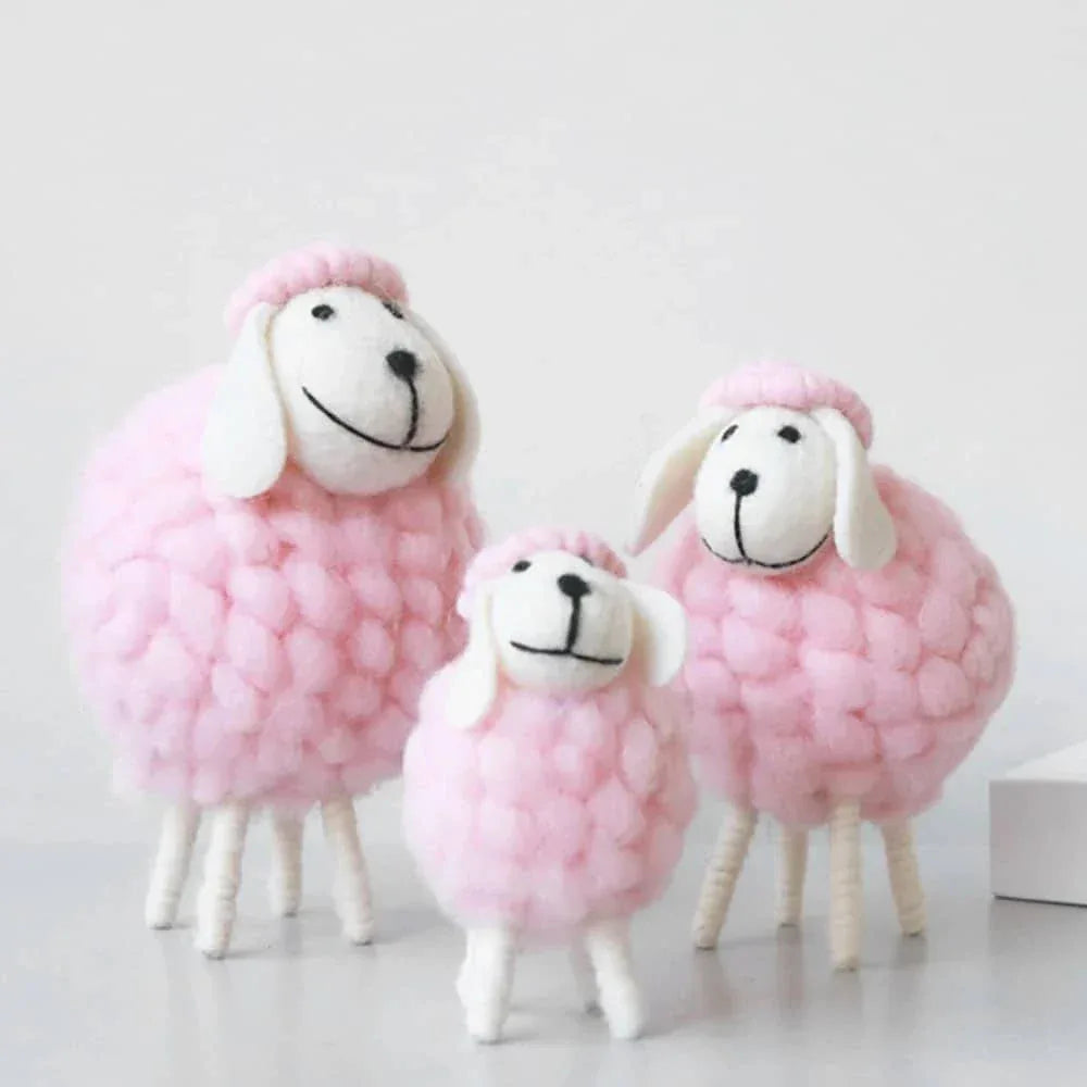 Set of three pink handmade sheep Nursery Decor with soft wool texture for kids and babies