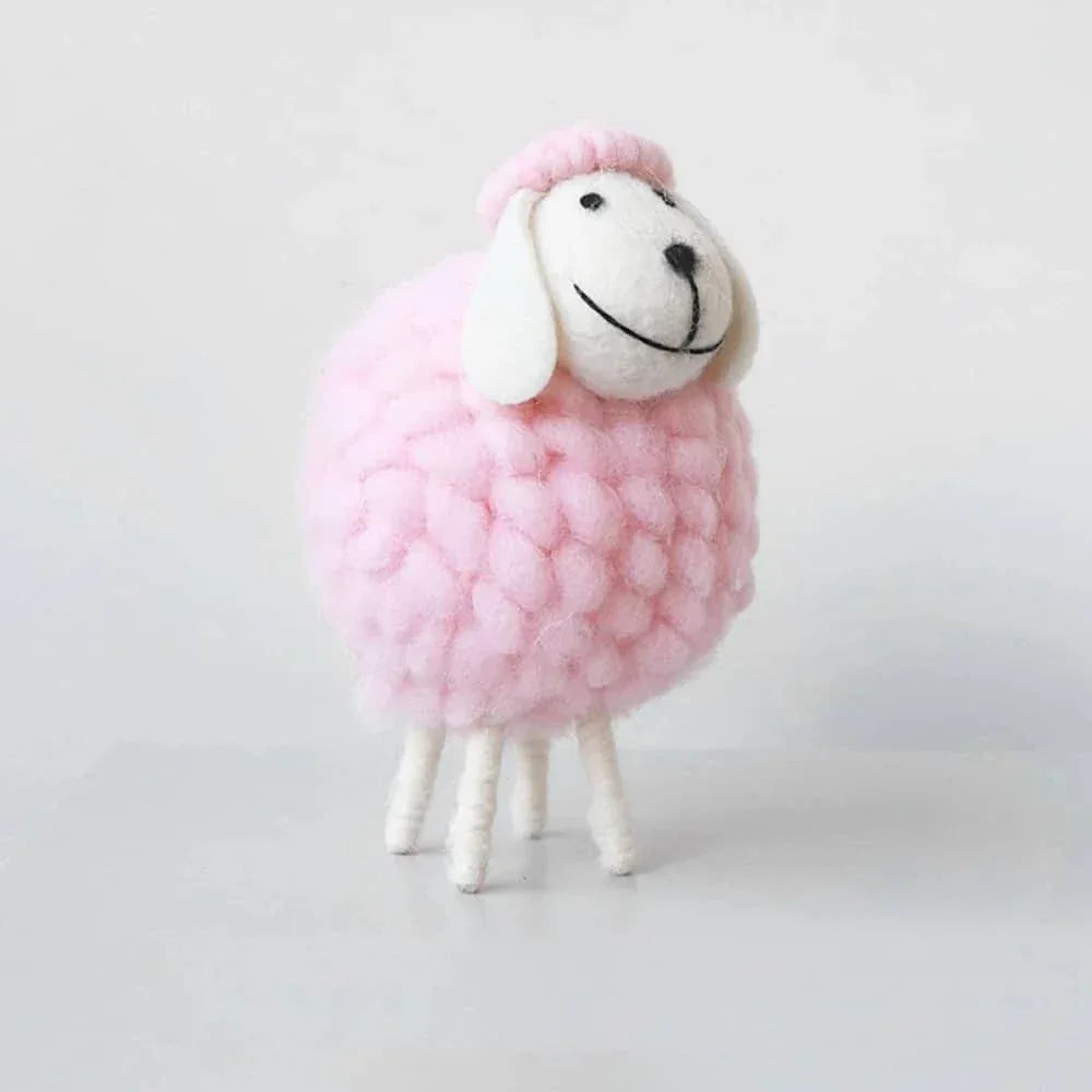 pink handmade sheep Nursery Decor for kids and babies with soft wool texture and smiling face