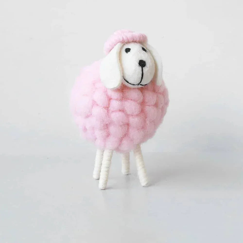 handmade sheep nursery decor in pink wool with white face and legs for kids and babies