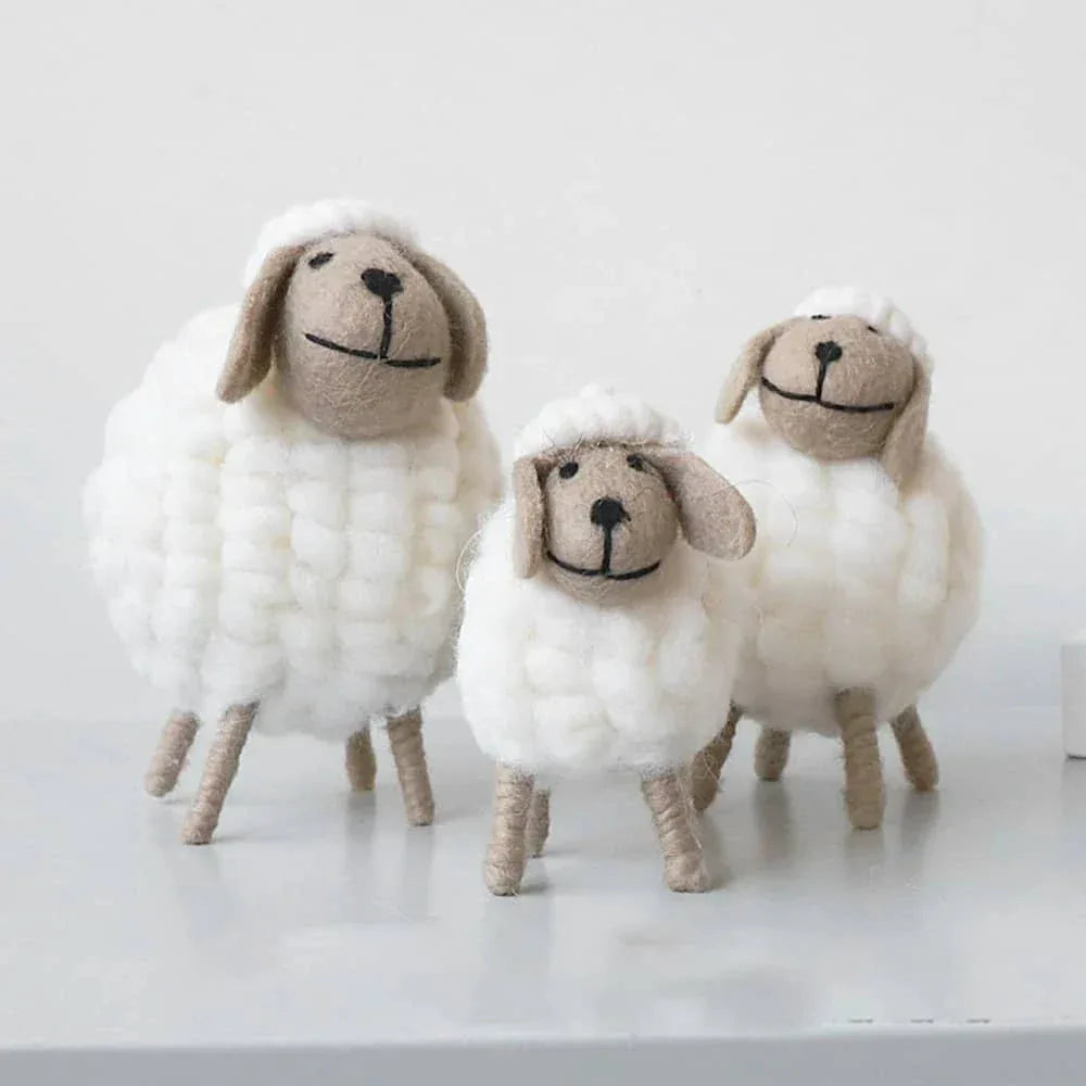 White and beige handmade sheep Nursery Decor set with soft wool texture for kids and babies room
