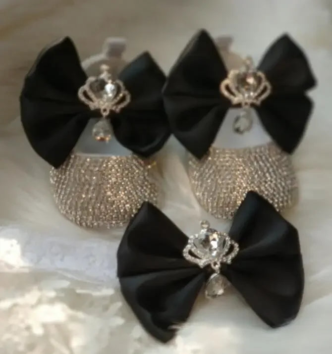 sparkling silver baby shoes with black bow headpiece set for babies with crown charm