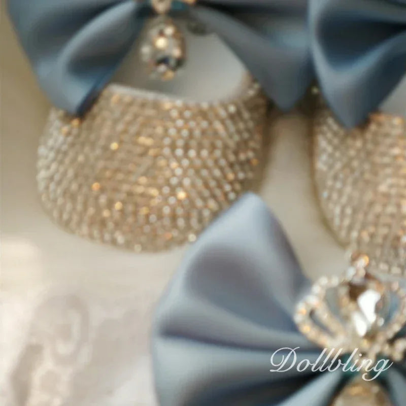 blue headpiece set for babies with rhinestones and satin bows, elegant design for infants