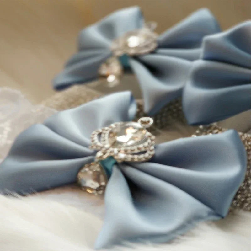 blue satin headpiece set for babies with rhinestone crown embellishment for infants