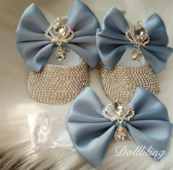 blue satin bow headpiece set for babies with rhinestone crown and teardrop gem detail