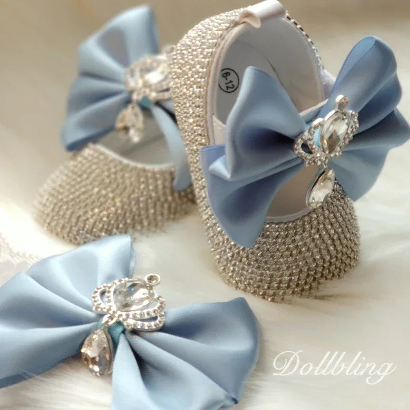 headpiece set for babies blue bow with crystal crown and rhinestone baby shoes size 6 to 12 months