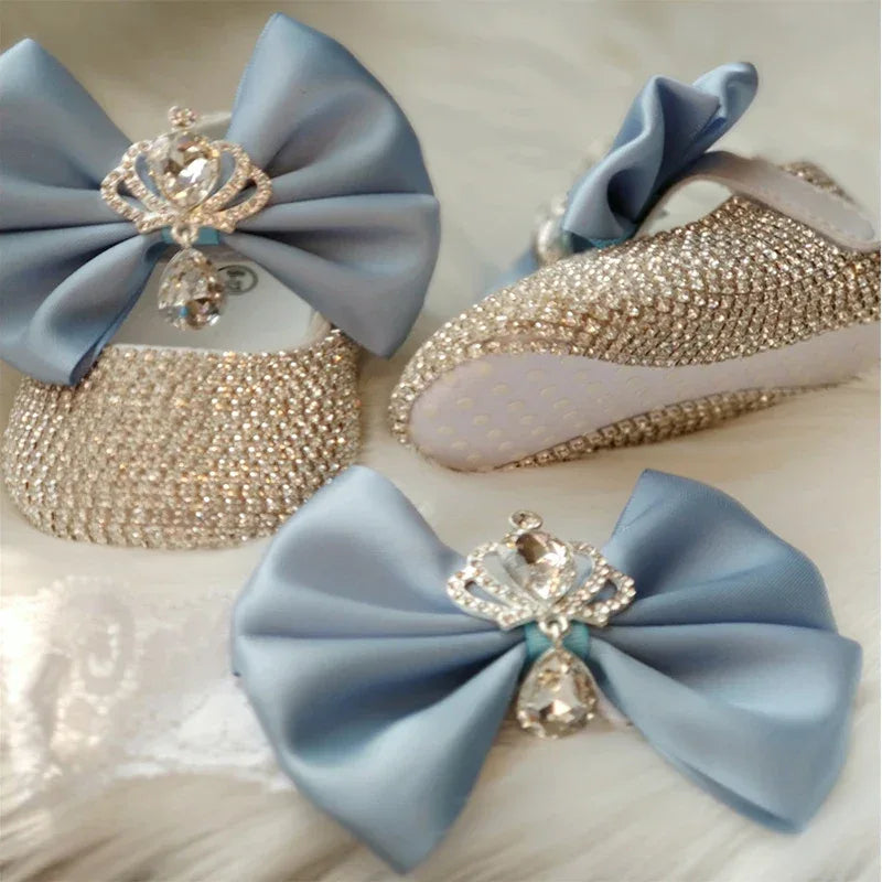 babies headpiece set for babies with blue bows and crystal crown embellishments for newborns
