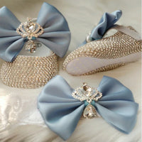 babies headpiece set for babies with blue bows and crystal crown embellishments for newborns