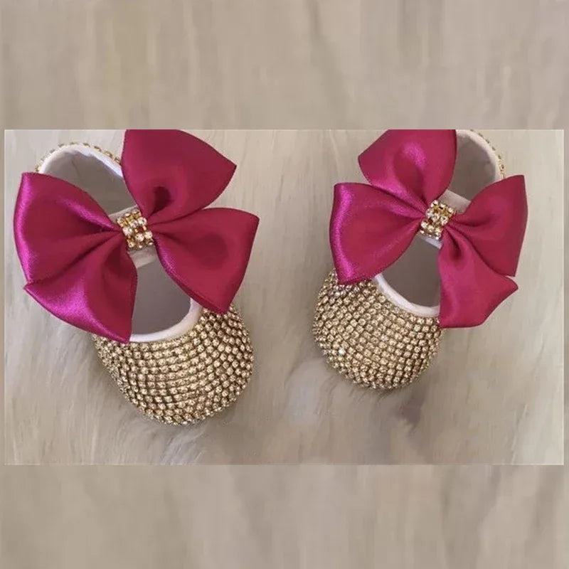 baby gold rhinestone shoes with large pink satin bows headpiece set for babies newborn size