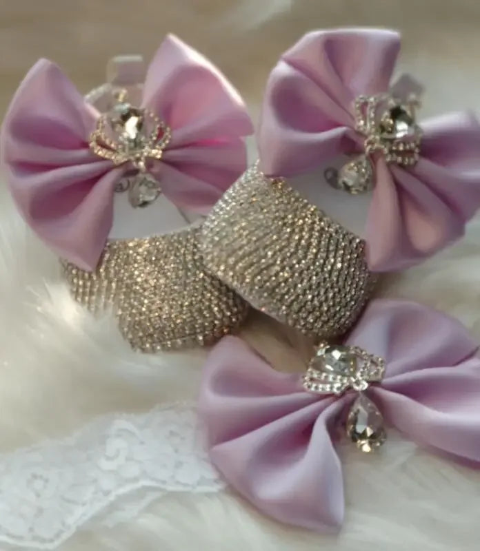 pink headpiece set for babies with sparkling rhinestones and jeweled bows for infants
