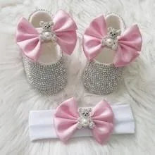 Pink bow headpiece set for babies with rhinestone baby shoes and matching white headband