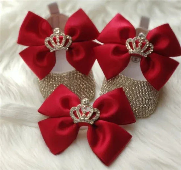 sparkly gold baby shoes and red bows with crown detail headpiece set for babies
