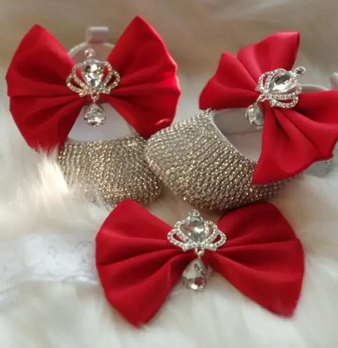red bow headpiece set for babies with sparkling rhinestone crowns and silver glitter shoes