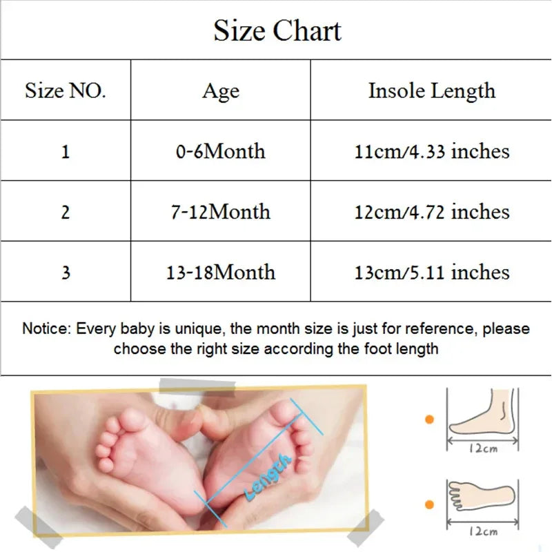 Headpiece set for babies with size chart for ages 0 to 18 months and foot length measurements
