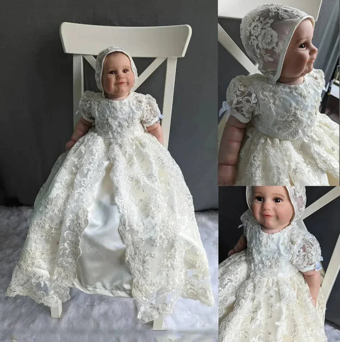 baby doll wearing white heirloom baby girl gown with lace bonnet sitting on white chair