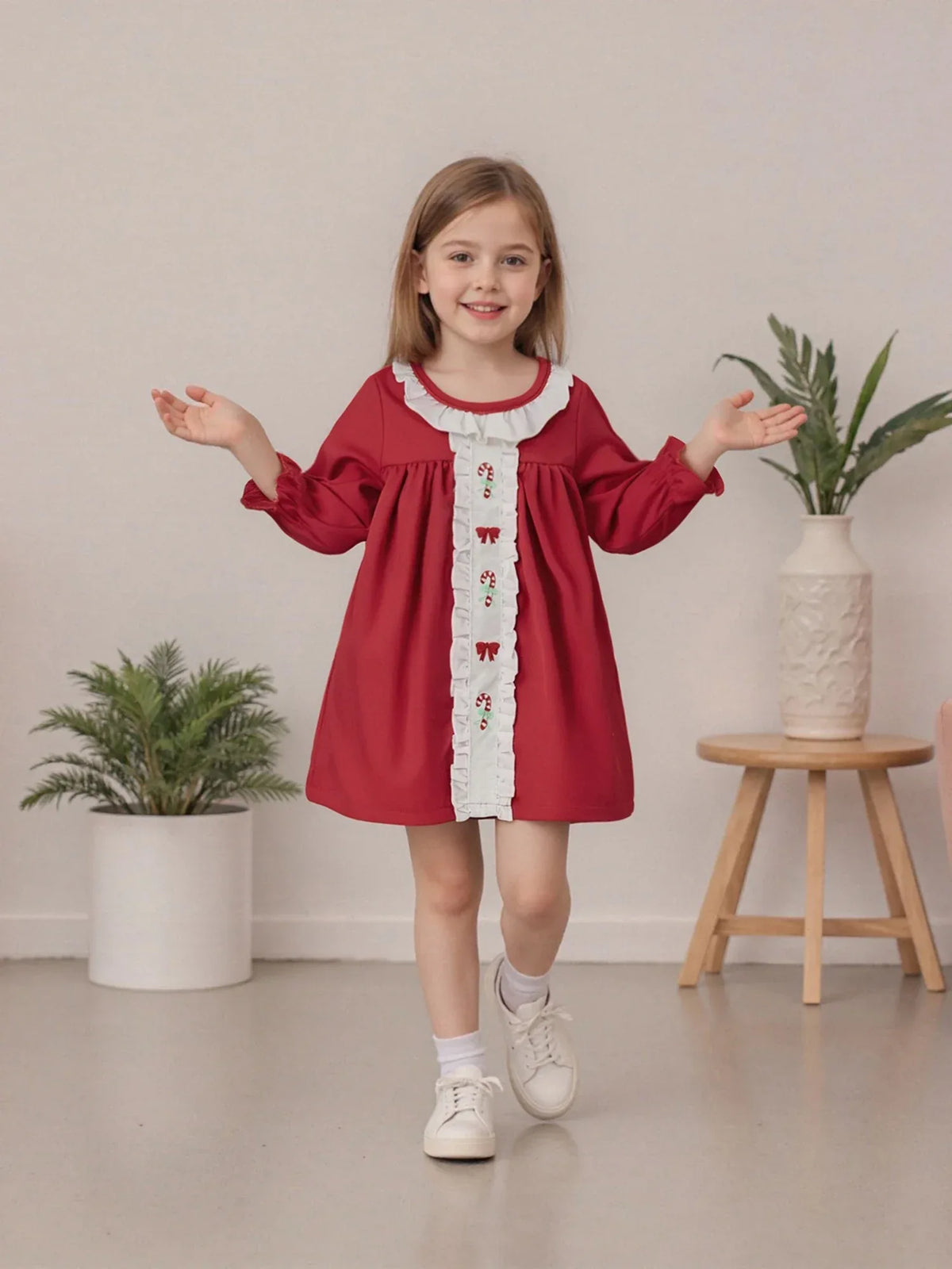 toddler holiday baby dress with candy canes red long sleeve white ruffle trim