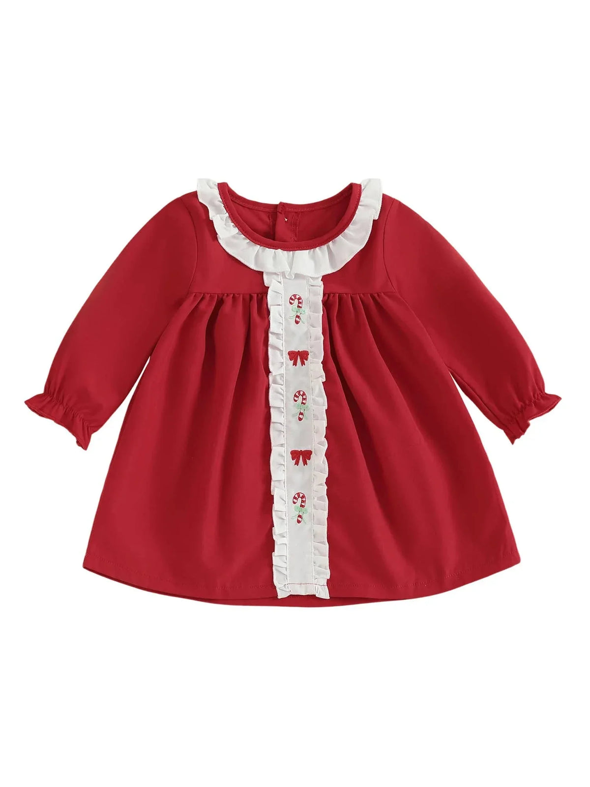 Red holiday baby dress with candy canes and white ruffle trim, long sleeve baby dress