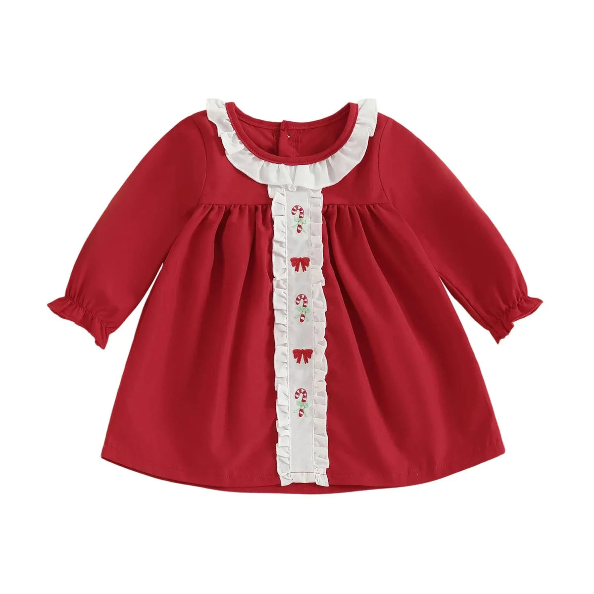 red holiday baby dress with candy canes and white ruffle trim for infants
