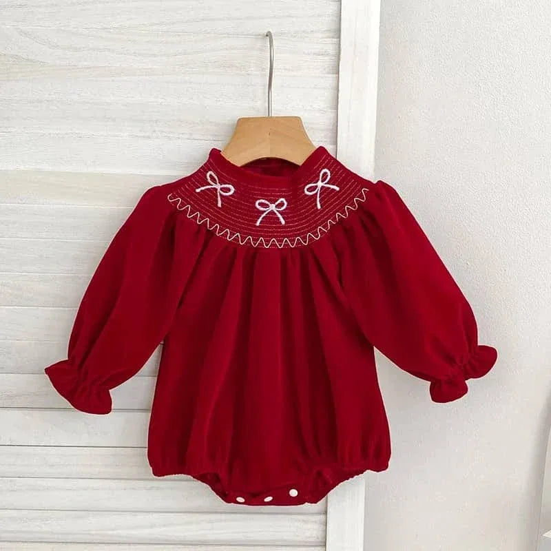 Holiday Red Baby Bubble Romper with Bow Accent - The Palm Beach Baby