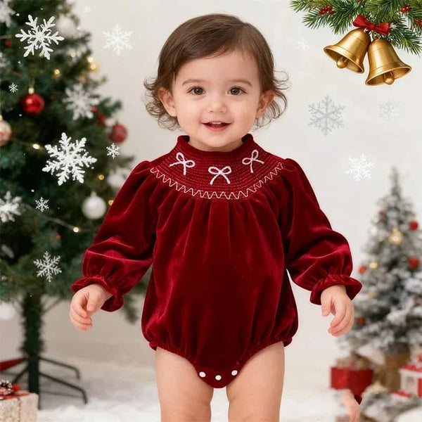 Holiday Red Baby Bubble Romper with Bow Accent - The Palm Beach Baby